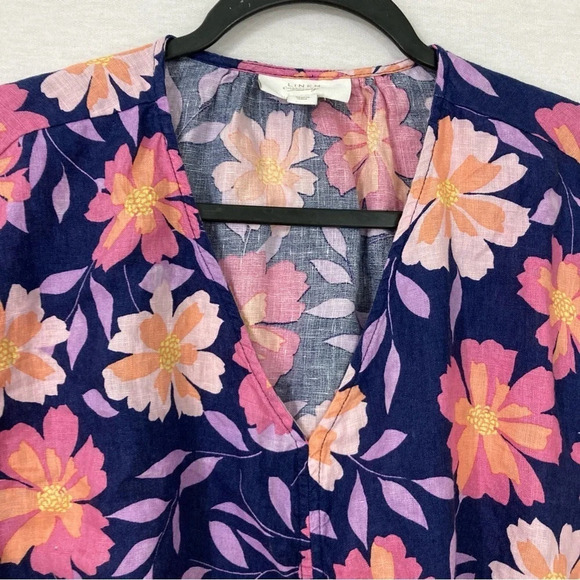 Charter Club Navy Pink Floral 100% Linen Tie Front Short Sleeve Button Down XL - Picture 8 of 10